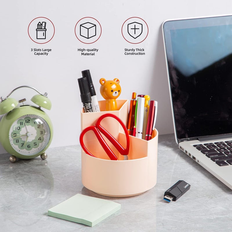 EDENMS Desk Pencil Pen Holder, 3 Slots 360-Degree Spinning Organizers, Desktop Storage Stationery Supplies, Cute Cup Pot for Office, School, Art Supply, Kids - Pink - Image 2